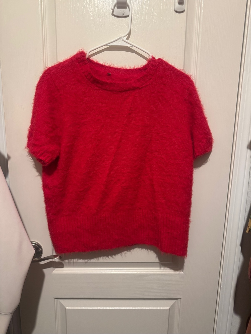 Red Fuzzy Short-Sleeve Knit Sweater